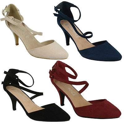 SPOT ON LADIES BUCKLE ANKLE STRAP SUEDE POINTED TOE MID HEEL COURT SHOES F9676
