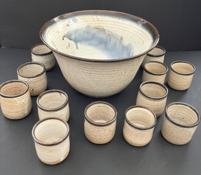 Dublin Pottery Handmade Punch Bowl Set w/ 12 Cups  Rustic Blue Glaze Studio Art