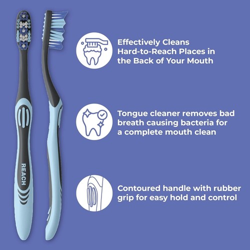 Cepillo de dientes Reach Essentials con cubiertas de cepillo de dientes, raspador de lengua, 6 unidades - Imagen 2 de 5