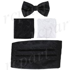 New Brand Q Polyester Paisley Cummerbund Bowtie  2 Hankie Set Wedding Black