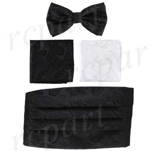 New Brand Q  Polyester Paisley Cummerbund Bowtie & 2 Hankie Set Wedding Black - Picture 1 of 5
