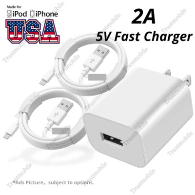 For iPhone 6 6s 7 8 X XR XS 11 12 13 USB Fast Wall Charger Brick Charging Cable