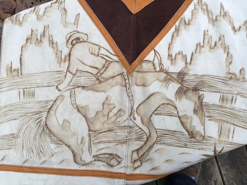 Vintage Bucking Bronco Cowboy and Horse Themed Mexican Folk Art Leather Ponco - Picture 6 of 7