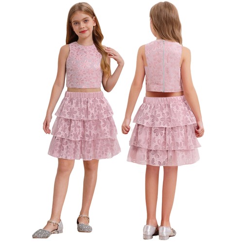 Girls Dance Outfit Cake-like Sequin Set Glitter Pageant Charm Two-piece Sweet - Picture 4 of 40