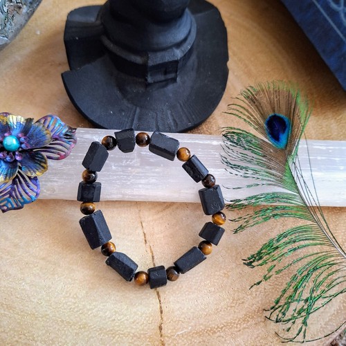 Raw black tourmaline and tigers eye crystal bead healing bracelet root chakra - Picture 4 of 12