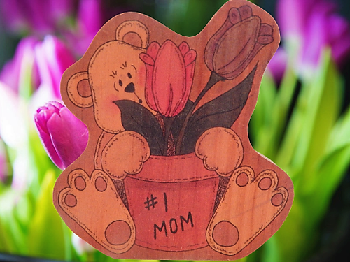 Teddy Bear Tulips Number One Mom Pen Ink Wood Block Figurine Mothers Day Gift - Picture 5 of 5