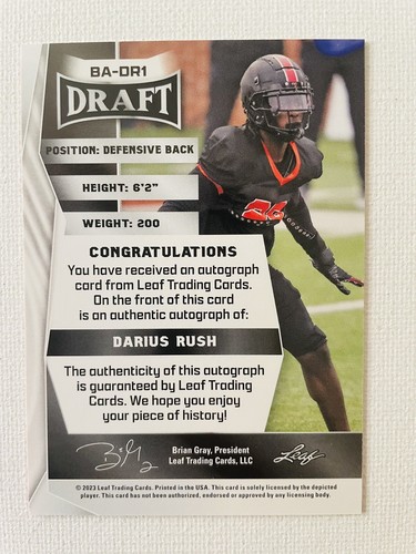 2023 Leaf Draft Darius Rush Auto #BA-DR1 South Carolina - Pittsburgh Steelers - Picture 2 of 2