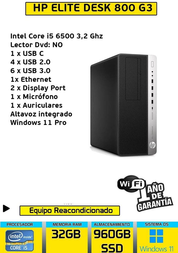 ORDENADOR SOBREMESA HP 800 G3 MT CORE I5 32 GB RAM 960 GB SSD WINDOWS 11 WIFI - Imagen 3 de 3