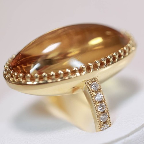 Large Oval Cabochon Citrine and 0.12ct Diamond 18k Yellow Gold Statement Ring - Picture 6 of 8