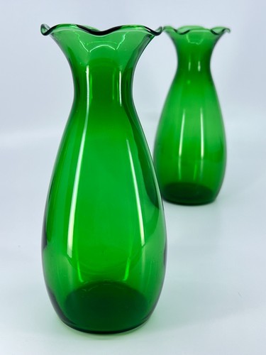 1960s Pair Anchor Hocking Emerald Forest Green Crimped Vases - 2 matching vases - Picture 11 of 21