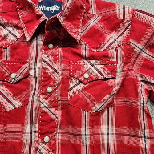 Wrangler Western Long Sleeve Plaid Pearl Snaps Shirt Red White Black Youth S - Picture 4 of 8