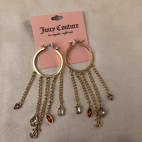 Juicy Couture Gold Tone Hoop Chandelier Earrings Fringe Chains With Charms NWT - Picture 2 of 11