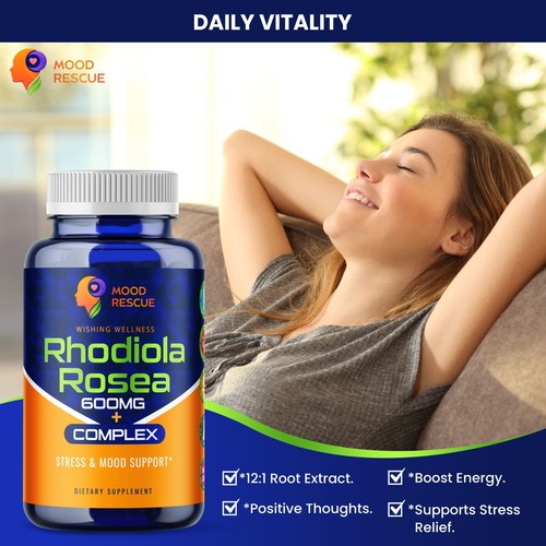 Mood Rescue Rhodiola Rosea 600mg + 250mg Ashwagandha & 100mg Gingseng 120 Caps - Picture 6 of 8