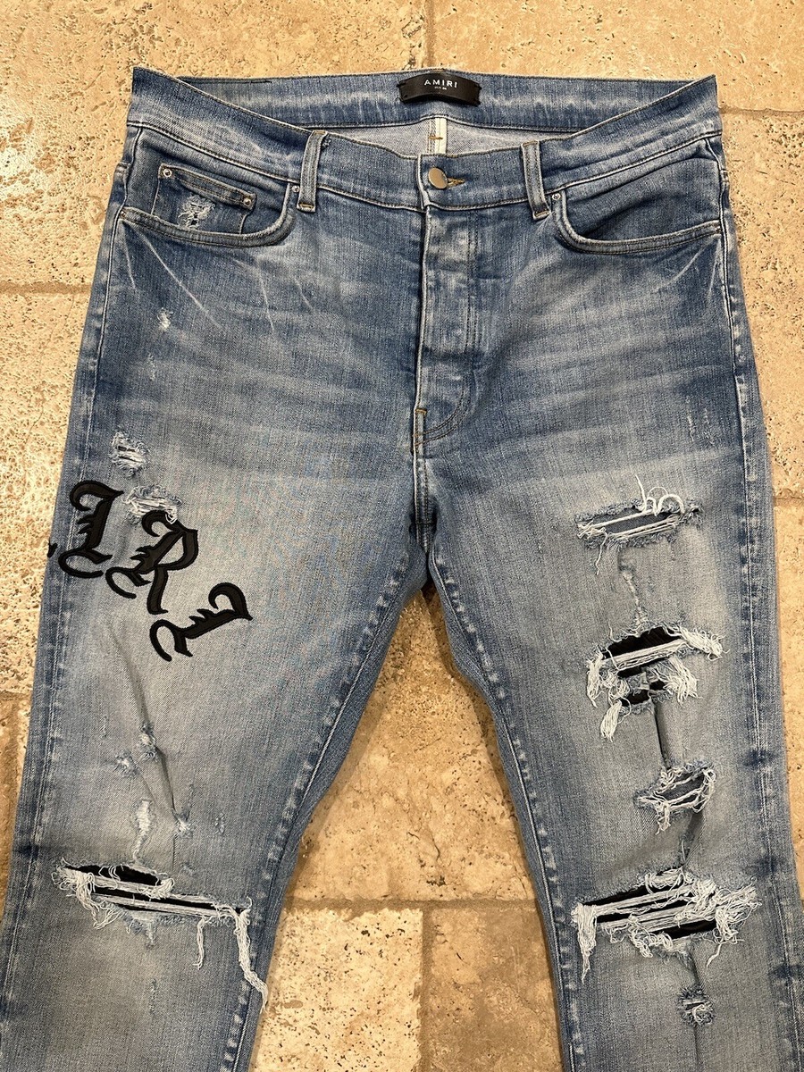 Amiri Old English Leather Logo Clay Indigo Denim Jeans | eBay