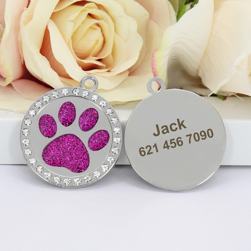 Bling Rhinestone Paw Pet ID Tag Personalised Dog Cat Name Disc Engraved&Hair Bow - Picture 6 of 18