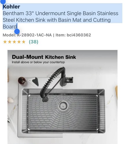 Kohler Kitchen Sink Bentham 33" Under / Over Mount Single Basin Stainless Steel - Picture 2 of 15