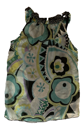 Camiseta sin mangas IZ Byer California para mujer mediana blanca turquesa geométrica floral cuello atado - Imagen 2 de 8