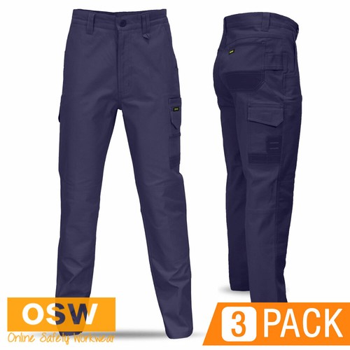 3 x Mens NAVY Duck Weave Canvas Elastane STRETCH Slim Fit Tradie Cargo Pants - Imagen 1 de 4