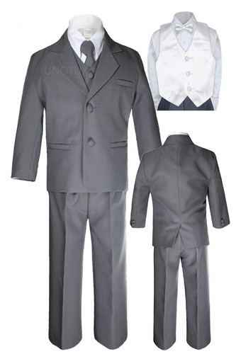 7PC Kid Teen Formal Wedding Tuxedo Boy Dark Gray Suit Extra Vest Bow Tie sz 4-20 - Picture 26 of 27