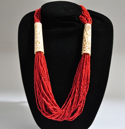 Vintage Tribal Boho Red Coral Seed Bead Bone Necklace.....Nice...30"inches L - Picture 5 of 5