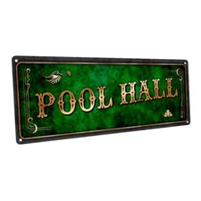Green Pool Hall Metal Sign; Wall Decor for Mancave, Den, or Gameroom