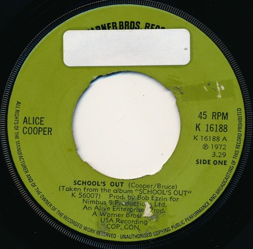 ALICE COOPER - GUTTER CAT / SCHOOL'S OUT - WARNER BROTHERS K 16188 45 Record NM - Picture 2 of 2
