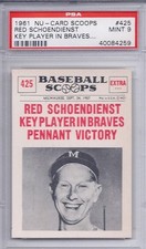 1961 Nu Card Scoops # 425 Red Schoendienst Key Player in Braves Victory PSA 9