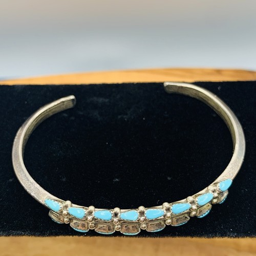 Vintage signiertes Zuni Silber Türkis Manschette Reihenarmband Damen Indianer 34 g - Bild 2 von 9