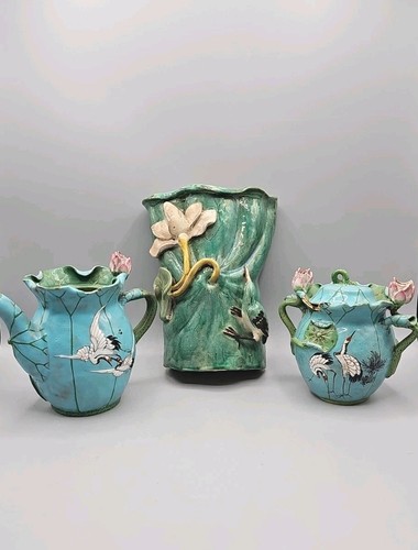 Early 20th Century Chinese Export Lotus Flower Teapot Sugar Bowl & Wall Pocket - Picture 4 of 24