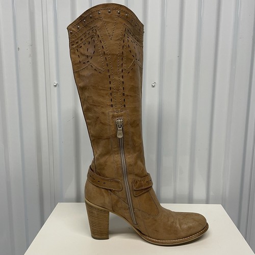 Nero Giardini Tan Distressed Leather Studded Cutout Western Boots Women’s EU 38 - Picture 14 of 21