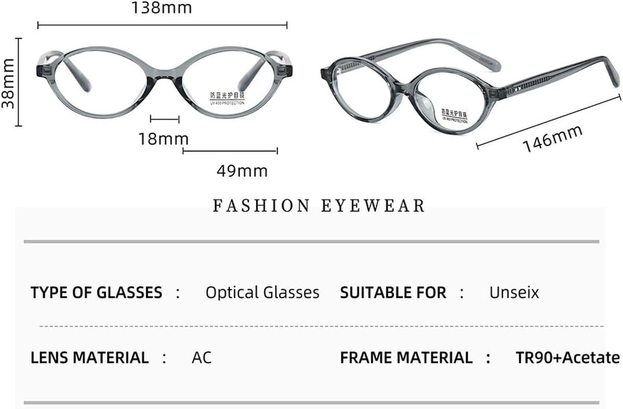 Blaue Licht Gläser Oval Kleine Gläser Rahmen TR90 Retro Brillen Acetat Tempel