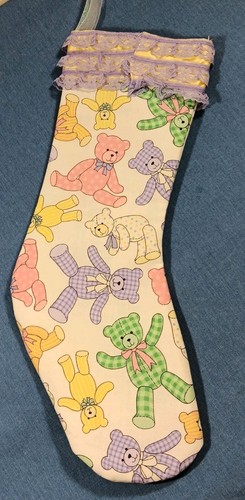 Medias de Navidad Ositos de Peluche Blanco Pasteles Púrpura Encaje 14.5" Hecho a Mano para Niños - Imagen 3 de 8