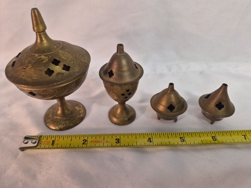 4 Messing Räuchergefäße Hergestellt in Indien Geätzt Floral Vintage 1" - 3,5" Patina - Bild 15 von 15