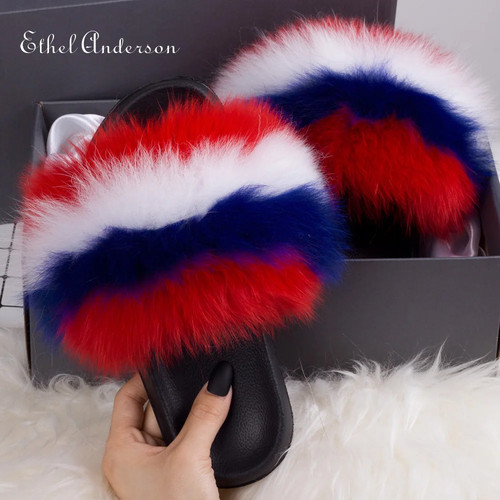Women Real Farm Fox Rac00n Fur Slippers Fluffy Slides Plush Sandals Shoes G3 - Picture 37 of 42