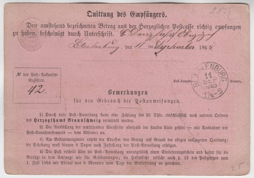 GERMANY 1865 BRAUNSCHWEIG POSTAL ORDER RECEIPT CARD (CK297) - Picture 2 of 2