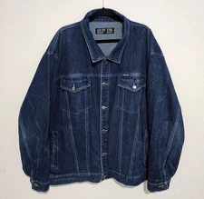 Vintage Y2K Bar Code Jeans Denim Jacket Mens 3XL Blue Metal Button Hip Hop 