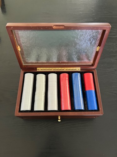 NEW! Poker Chip Wood Case With Storage Drawer, Cards, Cribbage & Dice! SEALED! - Picture 2 of 14