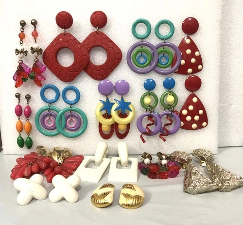 Vtg Lot of 14 Pierced Clip Earrings Assorted 80's 90's Costume Jewelry Colorful