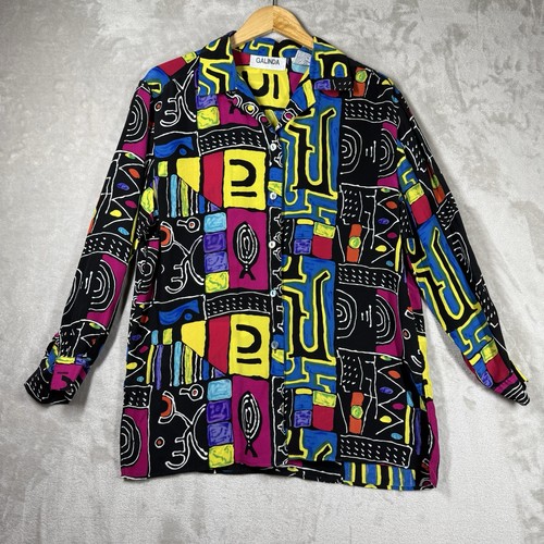 VTG Silk Galinda Shirt Womens L Colorful AOP Geometric Art Abstract 90s Hip Hop - Picture 1 of 11