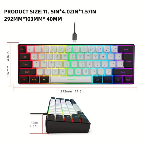 Teclado para juegos Snpurdiri 60 % RGB retroiluminado compacto 61 teclas USB-C PC Mac portátil - Imagen 12 de 12