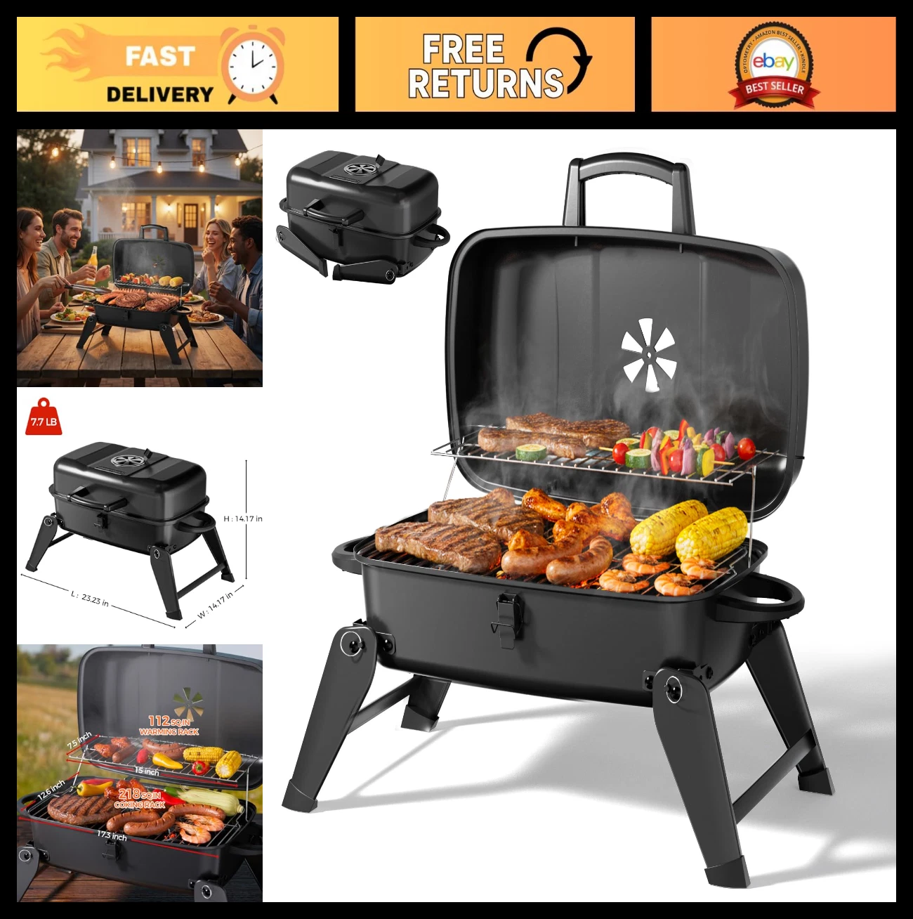 Portable Charcoal Grill - Foldable Lightweight BBQ with Adjustable Air Vent, 330