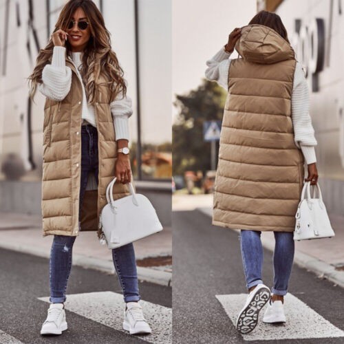 Womens Ladies Hooded Long Line Puffer Gilet Jacket Padded Waistcoat Body Warmer - Picture 4 of 32
