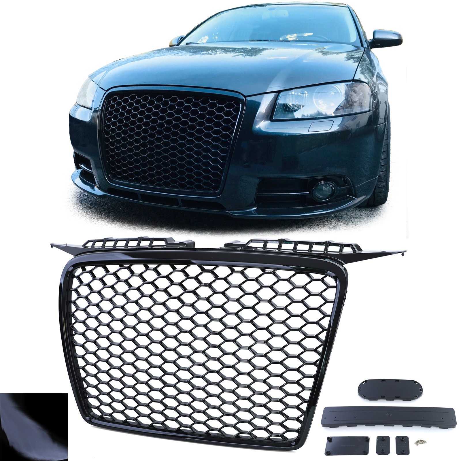 Waben Kühlergrill ohne Emblem Schwarz Glanz passend für Audi A3 8P 05-08