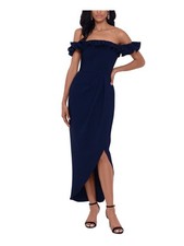 XSCAPE Womens Tulip Knee Length Dress Navy Flutter Off Shoulder Evening Gown 4