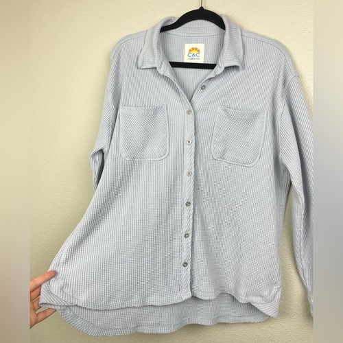 C&C California Women's Large Baby Blue Thermal Button Up Shirt Waffle Knit Butto - Picture 6 of 14