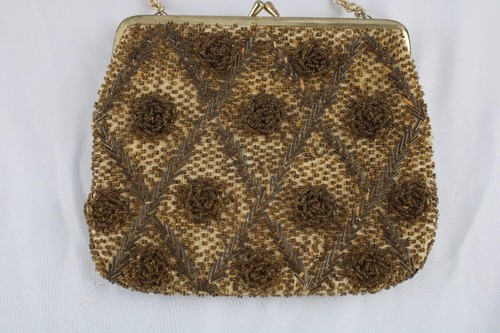 7"VINTAGE GOLD GLASS BEAD FLORAL EVENING PURSE,WRISTLET,WEDDING,FORMAL,ROSES, - Picture 3 of 4
