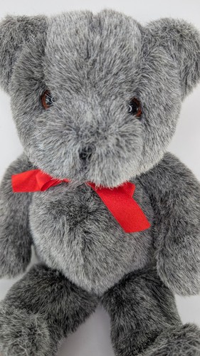 Russ Berrie 12 Zoll Plüsch Tippy Teddybär Wildleder Pfoten grau waschbar Stofftier rote Schleife - Bild 2 von 6