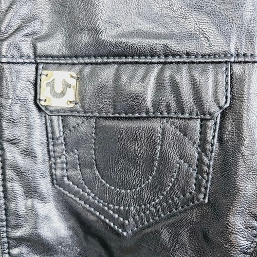 True Religion Black Faux Leather Rib Panel Moto Jacket Womens size XL - Picture 8 of 14
