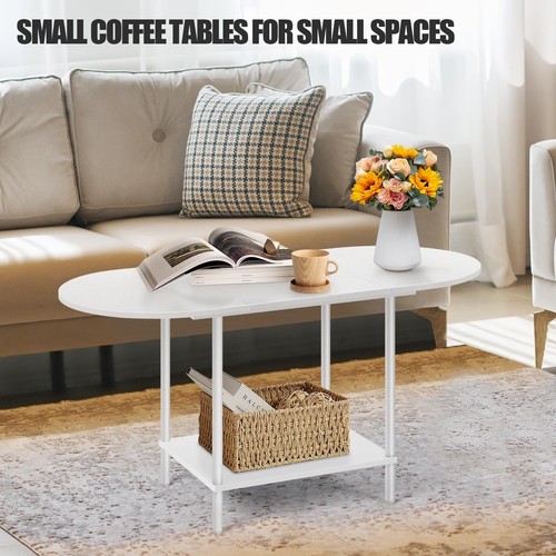 White Coffee Tables for Living Room Mid Century Oval Center with Storage Shelf - Picture 4 of 8