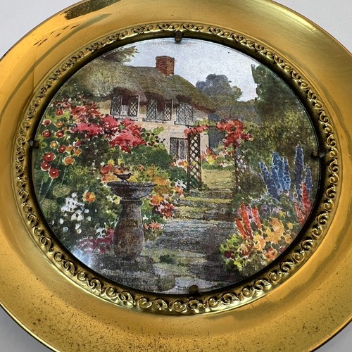 Zwei Vintage Messing hängende Folie Kunst gerahmte Bilder unter Glas rund 7,5" - Bild 11 von 16